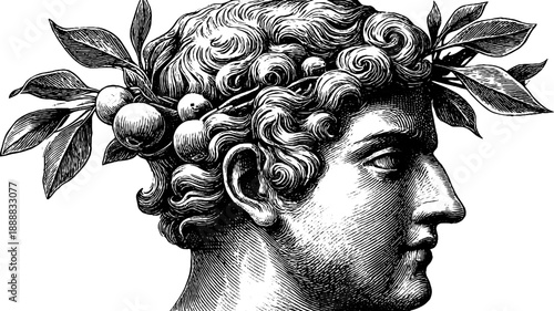 Vintage botanical illustration of anonymous portrait with laurel wreath in three quarter view