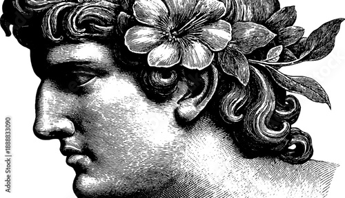 Vintage engraving of anonymous portrait with botanical silhouette design for artistic decor