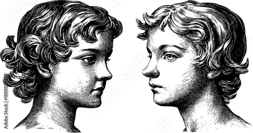 Vintage hand-drawn female portrait silhouette for retro design and decor