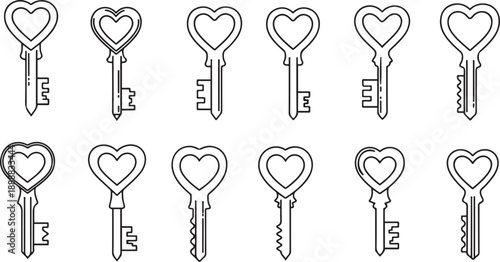 Ten outline heart shaped keys with varied bit symbols arranged in two rows