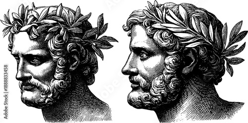 Vintage male portrait with laurel wreaths head and shoulders engraving