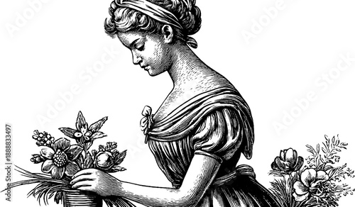 Elegant woman in modest dress arranging flowers - vintage botanical illustration for design