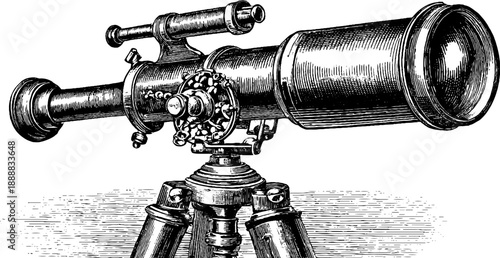 Vintage antique telescope engraving - optical instrument botanical sketch for retro design