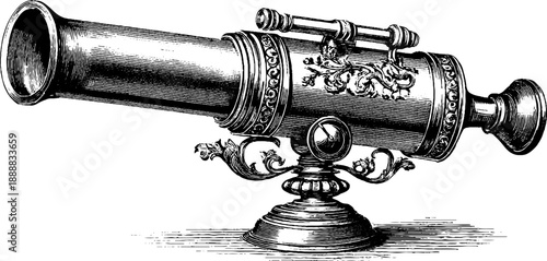 Antique telescope engraving with vintage botanical motif for historical design