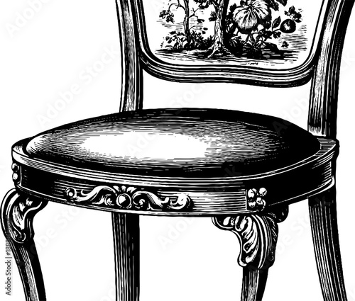 Antique wooden chair with vintage botanical engraving for interior design and study