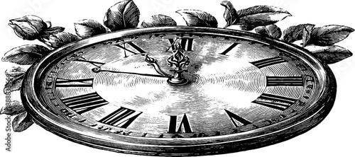 Antique botanical wall clock with pendulum and vintage leaves in engraved design