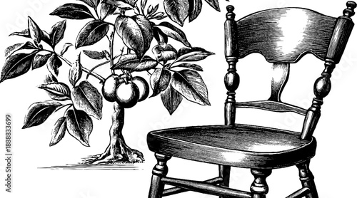 Vintage botanical study with antique wooden chair for interior design