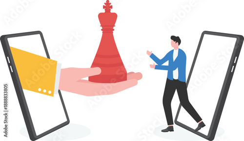 Digital Strategy Transfer with Hand Giving Chess Piece to Professional Through Smartphone Screen