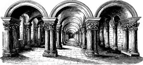 Vintage architectural corridor perspective with botanical accents - hand drawn design for posters and prints