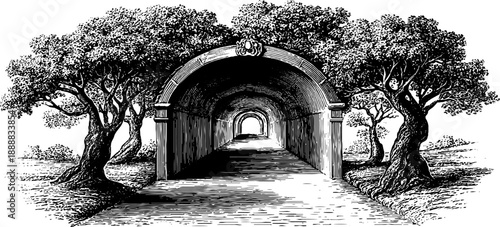 Vintage botanical arched passage corridor perspective engraving design