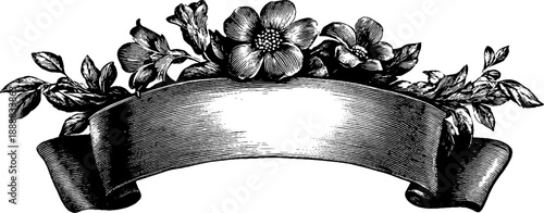 Ornate arched ribbon banner with botanical flowers for vintage design