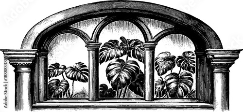 Vintage architectural arched window with botanical engraving silhouette design