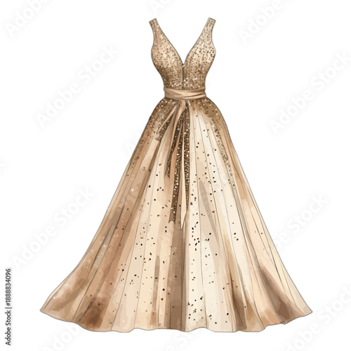 Gold Glitter Evening Gown Fashion Illustration 
