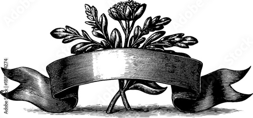 Decorative botanical ribbon banner with vintage engraved floral accent for elegant designs