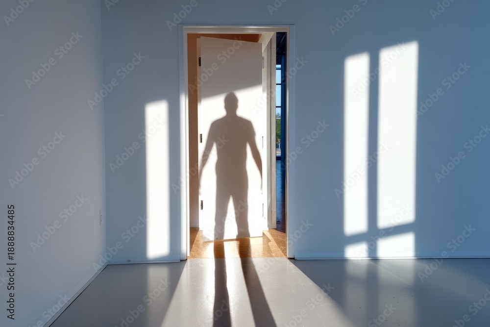 Fototapeta premium Shadow of a Human Figure Cast Inside an Empty Corridor with Open Door