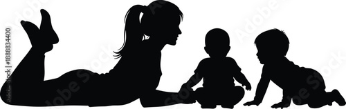 Caregiver with children, playtime silhouette, early bonding, crawling baby, seated toddler, black illustration, family moment, nurturing pose, childhood development, interaction