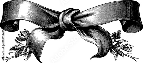 Vintage ribbon banner with botanical elements - hand-drawn engraving for decorative designs