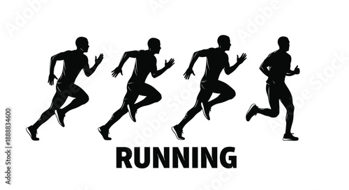 Black silhouette sequence illustrating four different dynamic poses of a male runner in motion