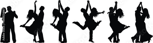 Dancing couple silhouettes, ballroom pose, Latin dance, elegant movement, romantic spin, graceful lift, black illustration, dance partner, expressive motion, choreography art
