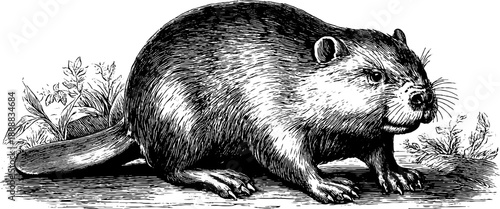 Vintage beaver illustration with botanical elements - nature engraving art for design projects
