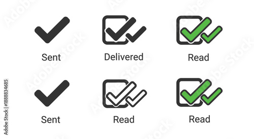 Collection of common messaging application status icons depicting sent delivered and read notifications