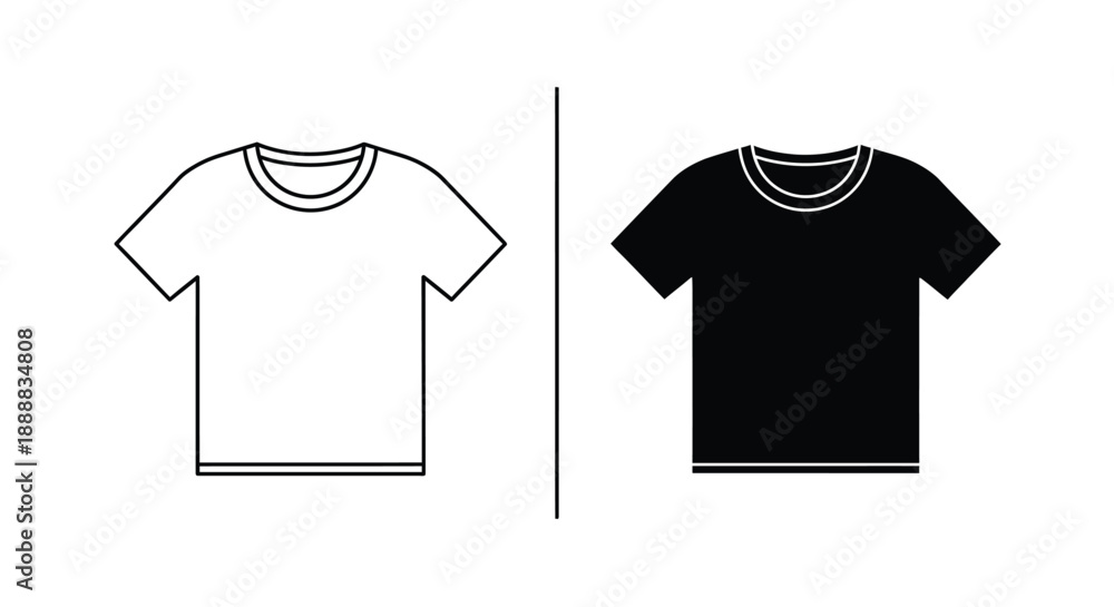 Fototapeta premium Simple graphic comparison showcasing outline and solid silhouette icons of a classic crew neck t-shirt design