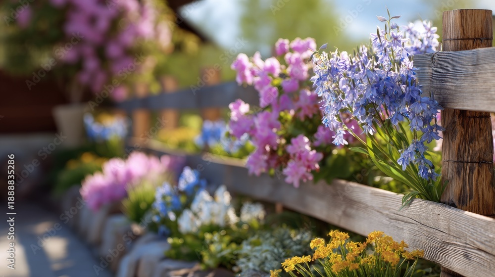 Obraz premium Colorful Flower Garden Along a Wooden Fence in Springtime Sunlight