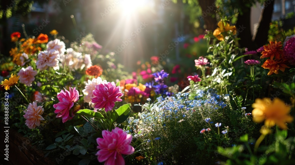 Obraz premium Vibrant Garden Blooms Under Warm Sunlight in Early Morning
