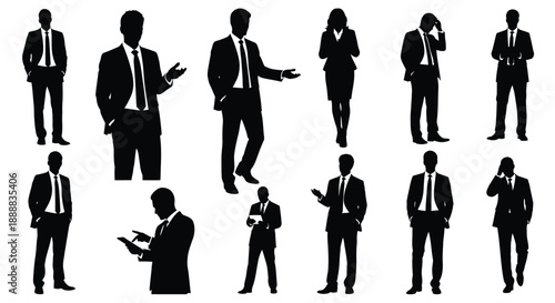 Collection of diverse business people silhouettes showing various professional postures and gestures