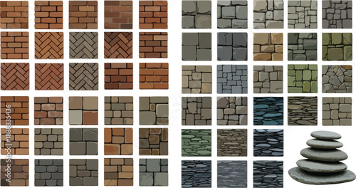 Collection of diverse brick and stone wall textures and stacked stones pattern