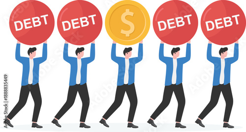 Financial Debt Burden Concept with Business Professionals Carrying Heavy Debt Weight Symbols
