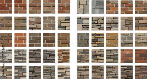 Collection of various brick and stone wall textures in brown and gray hues pattern
