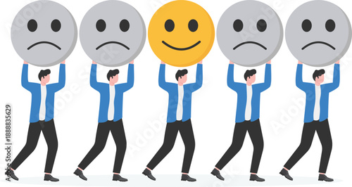 Business Sentiment Analysis Concept with Team Carrying Happy and Sad Smiley Emoji Faces