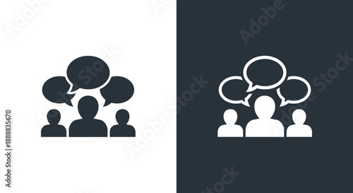 Simple graphic icon depicting three diverse people actively engaging in a group discussion or conversation