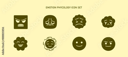 psychology emotion feeling icon set for mental health including smile joyful face, angry, mindfulness, sad, relax, anxiety, confident and depression moment. emoticon glyph icons.