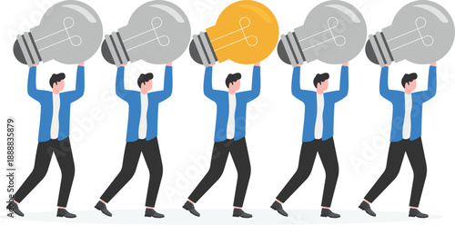 Innovation Management Concept with Professionals Carrying Giant Lightbulb Idea Symbols Together