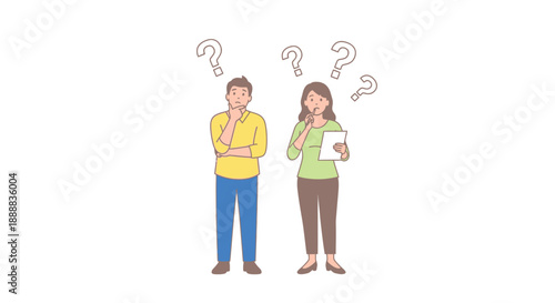 Confused man and woman standing together with multiple floating question marks symbolizing doubt