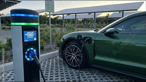 A green electric vehicle charges at a station with blue and green lights under solar panels in a parking lot