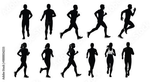 Collection of diverse male and female runner silhouettes depicting various stages of forward motion