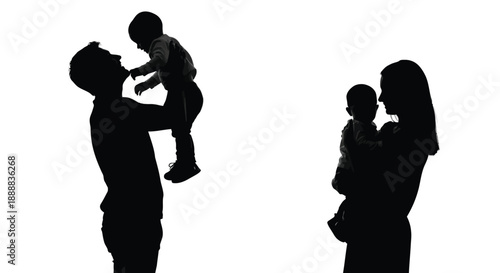 Father lifts small child high while mother cradles baby in striking silhouette on white background