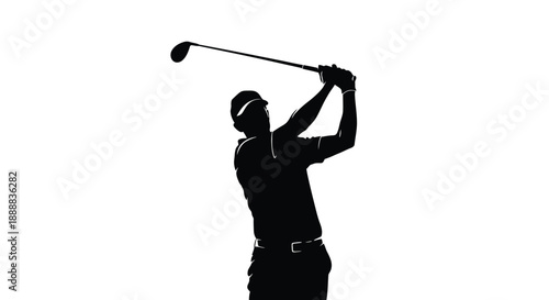 Silhouette graphic depicts a professional golfer completing the powerful follow through after striking the ball.