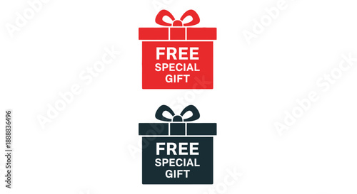 Vector icons illustrating red and dark blue boxes labeled free special gift promotions