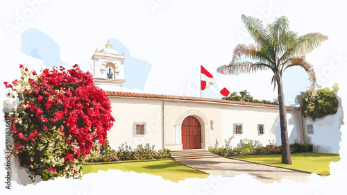 Larco Museum. Larco Museum hand drawn watercolor illustration