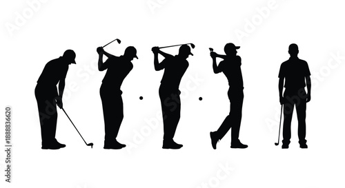 Sequence of black silhouette illustrations detailing a golfer's powerful swing progression from address to follow through