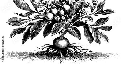 Detailed botanical bouquet with visible roots and floral elements for retro design