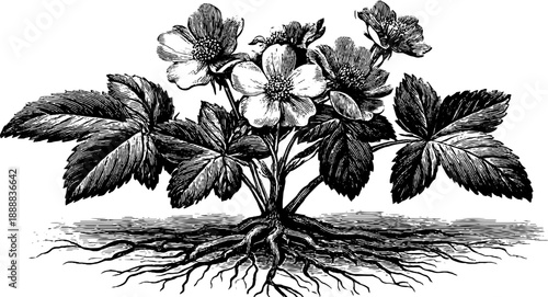 Vintage botanical bouquet with visible roots illustration for print and design projects