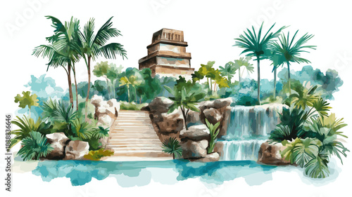 Xcaret Eco Park. Xcaret Eco Park hand drawn watercolor illustration