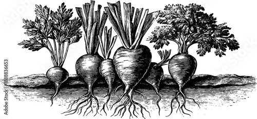 Vintage botanical bouquet with visible roots - hand drawn engraving illustration for design