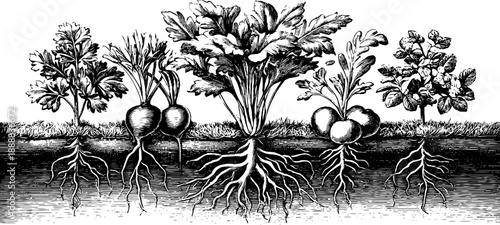 Vintage botanical bouquet with visible roots engraving - perfect for nature-themed designs