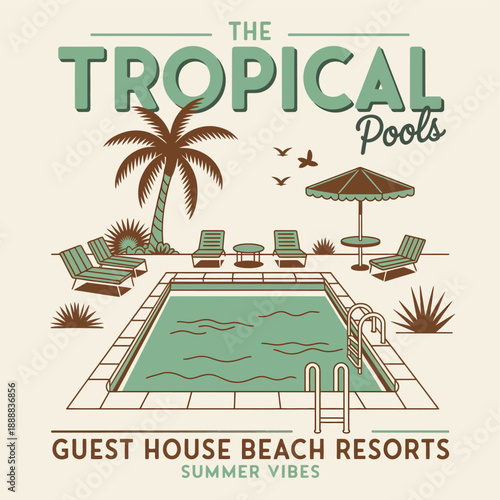 Tropical Illustration Pool Badge Design with Palm Trees and Beach Elements, Summer Resort Style Graphic for T-Shirt Print and Apparel Fashion
